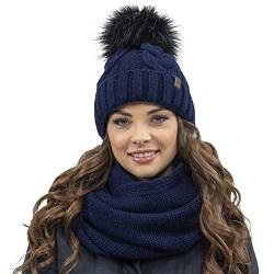 VIVISENCE Damen Bommelmütze Und Schal Set Warm Kopfbedeckung Und Halsbedeckung Für Herbst Und Winter Warm Dick, Wintermütze Mit Bommel, Winterset Für Frauen, Hergestellt In Der EU, Dunkelblau von VIVISENCE