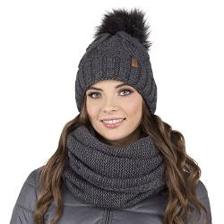 VIVISENCE Damen Bommelmütze Und Schal Set Warm Kopfbedeckung Und Halsbedeckung Für Herbst Und Winter Warm Dick, Wintermütze Mit Bommel, Winterset Für Frauen, Hergestellt In Der EU, Dunkelgrau von VIVISENCE