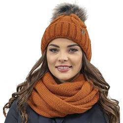 VIVISENCE Damen Bommelmütze Und Schal Set Warm Kopfbedeckung Und Halsbedeckung Für Herbst Und Winter Warm Dick, Wintermütze Mit Bommel, Winterset Für Frauen, Hergestellt In Der EU, Orange von VIVISENCE