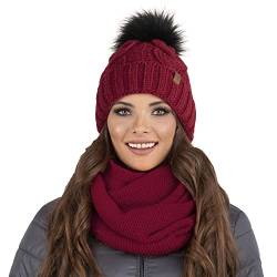 VIVISENCE Damen Bommelmütze Und Schal Set Warm Kopfbedeckung Und Halsbedeckung Für Herbst Und Winter Warm Dick, Wintermütze Mit Bommel, Winterset Für Frauen, Hergestellt In Der EU, Weinrot von VIVISENCE