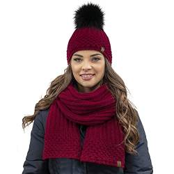 VIVISENCE Damen Bommelmütze Und Schal Set Warm Kopfbedeckung Und Halsbedeckung Für Herbst Und Winter Warm Dick, Wintermütze Mit Bommel, Winterset Für Frauen, Hergestellt In Der EU, Weinrot von VIVISENCE