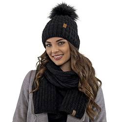 VIVISENCE Damen Bommelmütze Und Schal Set Warm Kopfbedeckung Und Halsbedeckung Für Herbst Und Winter Warm Dick, Wintermütze Mit Bommel, Winterset Für Frauen, Hergestellt In EU, Schwarz von VIVISENCE