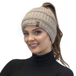 VIVISENCE Damen Wintermütze Warm Kopfbedeckung Klassisch Garn Logo 7075, Beige,Einheitsgröße von VIVISENCE
