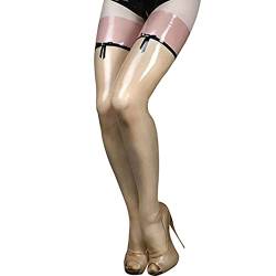 VIYOLI Transparent And Black Pink Sexy Long Latex Rubber Thigh High Stockings With Bows Top,golden W Trims,S von VIYOLI