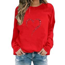 Pulli Damen Vintage Sweatshirt-Oberteil Für Damen Mit Herz Grafik Pullover Damen Elegant Vielseitige Sweatshirt Damen Ohne Kapuze Oberteil Europäischen Und Amerikanischen Lässiges Tunika (Red, XL) von VJGOAL