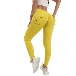 VJGOAL Blickdichte Winter Leggings Für Damen Po-Lifting-Leggings mit Taschen für Damen, Stretch-Cargo-Leggings, hohe Taille, Workout-Laufhose Leggings Mit Handytasche (Yellow, S) von VJGOAL