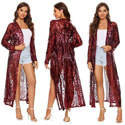 Damen Pailletten Cardigan Sommer Cover Up Kleid Glitzer Glitzer Open Front Mantel Kleider Staubwedel für Abend Abschlussball, Weinrot, XX-Large von VJJ AIDEAR