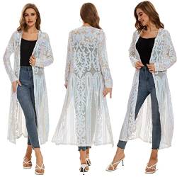 Damen Pailletten Cardigan Sommer Cover Up Kleid Glitzer Glitzer Open Front Mantel Kleider Staubwedel für Abend Abschlussball, Weiss/opulenter Garten, 5X-Large von VJJ AIDEAR