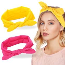 2 Stück Damen Haarband, Einfarbig Schleife Stirnbänder, Vintage Hasenohren Stirnband, Boho Stirnband, für Damen Mädchen (Gelb+Rosarot) von VJUYSW