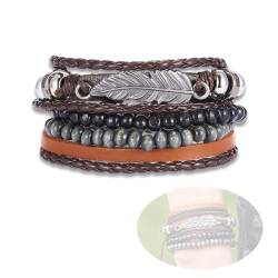 VJUYSW 4 Stück Lederarmband Herren, Geflochten Wickelarmband für Männer, Boho Multilayer Hanfseil Holzperlen Armband, Herrenarmbänder von VJUYSW