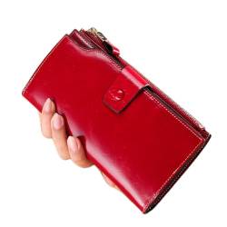 Damen Geldbörse Lange Damen-Geldbörse aus Leder, RFID-Geldklammer mit mehreren Kartenpositionen, Vintage-Clutch aus geöltem gewachstem Leder Geldbörse mit Großem Fassungsvermögen ( Color : Red , Size von VKEID