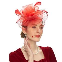 Fascinator Hüte für Frauen Braut Kopfschmuck Haarschmuck Schleier Haarspangen Jockey Mesh Hut Haarbänder (Color : Red, Size : One size) von VKEID