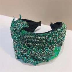 Strass Stirnbänder Damen-Haarband mit Kristall-Blumenmuster, bestickt mit Diamanten, Haarkarte, breiter seitlicher Haarreif Haarschmuck (Color : Green, Size : One size) von VKEID