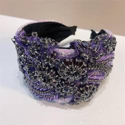 Strass Stirnbänder Damen-Haarband mit Kristall-Blumenmuster, bestickt mit Diamanten, Haarkarte, breiter seitlicher Haarreif Haarschmuck (Color : Purple, Size : One size) von VKEID