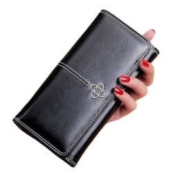 VKEID Damen Geldbörse Wallet Women Long Vintage Oiled Leather Large Capacity Clutch Bifold Multi Card Pocket Bag Money Clip Geldbörse mit Großem Fassungsvermögen (Color : Black, Size : 19x9.5x3cm) von VKEID
