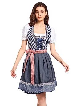 VKI Midi Dirndl Damen Kleid mit Spitzenschürze, Bayerische Tracht Oktoberfest Damen Outfit, Blau/Weiß… von VKI