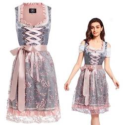 VKI Midi Dirndl Damen Kleid mit Spitzenschürze, Bayerische Tracht Oktoberfest Damen Outfit, Grau/Rose von VKI