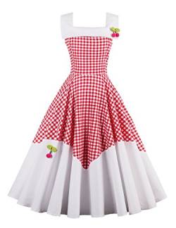VKStar® 50er Rockabilly Kariert Kleid Petticoat Vintage ärmellos Kirschen Abendkleid Rot XXL von VKStar