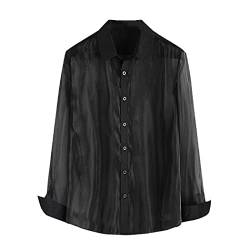 Herren Party Clubwear Sexy Transparent Shirt Langarm Solid Stilvoll Mesh Glänzend Revers Tops, Schwarzes Hemd, 3XL von VMAKBUWIS