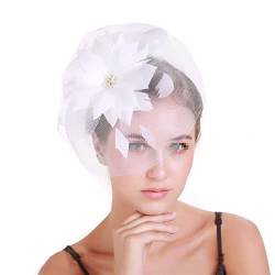 VMAKBUWIS Fascinators für Damen, Blume, Haarclip, Pillendose, Hut mit Schleier und Feder, Derby-Hut, Cocktail, Teeparty, Kopfbedeckung, 7 Weiß, Einheitsgröße von VMAKBUWIS