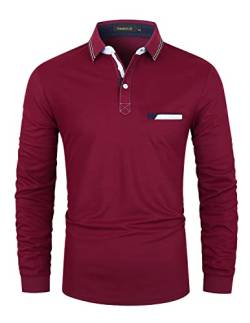 VMSUCIJ Herren Poloshirt Langarm Basic Baumwolle Klassische Kontrastfarbe Streifen Stitching Golf Tennis Poloshirts,Rot 38,L von VMSUCIJ