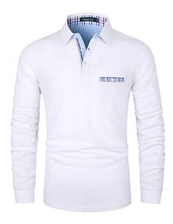 VMSUCIJ Poloshirt Herren Langarm Baumwolle Regular Slim Fit Plaid Denim Golf Polohemd M-3XL,Weiß,XXL von VMSUCIJ