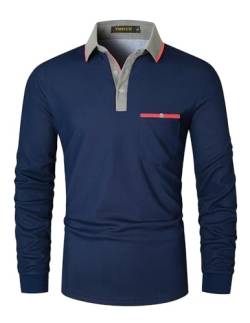 VMSUCIJ Poloshirt Herren Langarm Slim Fit Basic Golf Polo Poloshirt mit Farbkontrast Modisch und Vielseitig mit Taschen,Blau D08,M von VMSUCIJ