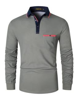VMSUCIJ Poloshirt Herren Langarm Slim Fit Basic Golf Polo Poloshirt mit Farbkontrast Modisch und Vielseitig mit Taschen,Grau D08,3XL von VMSUCIJ