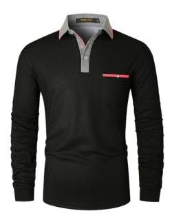 VMSUCIJ Poloshirt Herren Langarm Slim Fit Basic Golf Polo Poloshirt mit Farbkontrast Modisch und Vielseitig mit Taschen,Schwarz D08,3XL von VMSUCIJ
