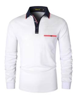 VMSUCIJ Poloshirt Herren Langarm Slim Fit Basic Golf Polo Poloshirt mit Farbkontrast Modisch und Vielseitig mit Taschen,Weiß D08,XL von VMSUCIJ