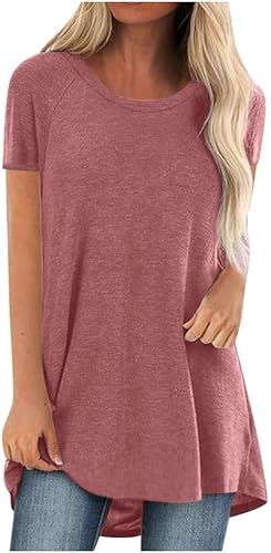 Damen Lang Kurzarm T-Shirt Lässig Blusen Sommer Elegant Einfarbig Oberteile für Leggings Große Größen Damenblusen Rundhals Longshirt Frauen bluse Lange Sommerbluse Sexy Lose Bunt Tunika Oberteil von VNBUY