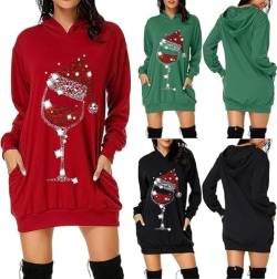 Weihnachtskleid Damen Merry Christmas Hoodie Kleid Dresses Damen Weihnachtspullover Weihnachtskleider Weihnachtspullover Rentier Print Kapuzenpullover Kleid Langes Weihnachts Pulli Weinachtspullie von VNBUY