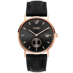 Damenuhr Quarz Uhr Nevra Rosegold Schwarz Lederarmband in Schwarz Allign. von VNEN