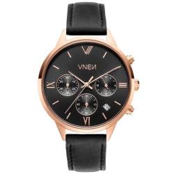 Damenuhr Quarz Uhr Vaveyla Chrono Rosegold Schwarz Lederarmband in Schwarz 3 von VNEN