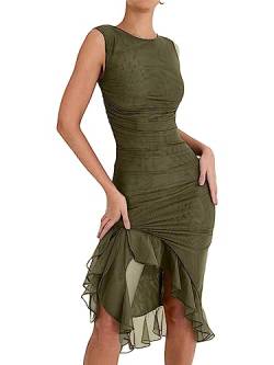 VNIRA Offener Rücken Kleid für Frauen Rüschen Bodycon Tank Geraffte Sexy Y2K Meerjungfrau High Slit Cocktail Formale Midi Kleider, Army Grün, Klein von VNIRA