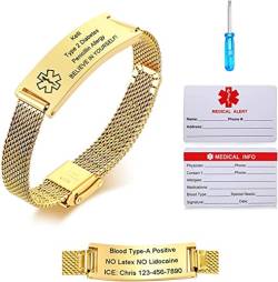 Notfallarmband Medizinisch Damen Personalisiert Uhrenarmband:VNOX Personalisiertes ID Armbänder mit Gravur Verstellbares Medizinischer Armband aus Edelstahl Männer,Gold von VNOX