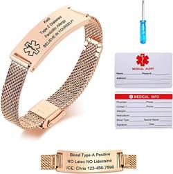 Notfallarmband Medizinisch Damen Personalisiert Uhrenarmband:VNOX Personalisiertes ID Armbänder mit Gravur Verstellbares Medizinischer Armband aus Edelstahl Männer,Roségold von VNOX