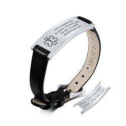 Notfallarmband Medizinisch Junge Personalisiert Uhrenarmband:VNOX Personalisiertes Leder ID Armbänder mit Gravur Verstellbares Medizinischer Armband aus Edelstahl Männer von VNOX