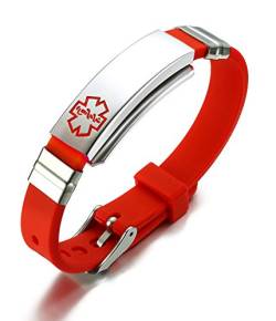 VNOX Freie gravierte Edelstahl Silikon Medical Alert ID SOS Verstellbare Armband für Männer Frauen Rot von VNOX