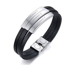 VNOX Personalisierte Gravur Lederarmband für Männer Edelstahl Name ID Schwarzes Armband Schwarzes Lederband mit 3 kostenlosen Gravuren Armband Geschenk Mann, 21.5cm von VNOX