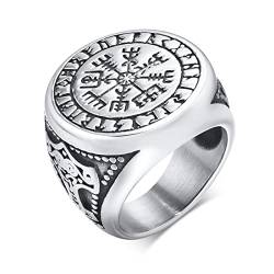 VNOX Rings Herren Siegelring Compass Thor's Hamme, Punk Gothic Ringe Amulet Celtic with Rune Symbol/Viking Vegvisir Vintage Schmuck Geschenk Accessories, Stainless Steel Rings for Men(Silver, 12) von VNOX