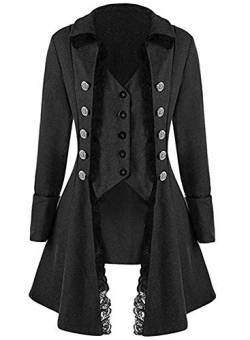 Damen Gothic Steampunk Korsett Halloween Kostüm Mantel Viktorianische Frack Jacke, Schwarz, 3XL von VNVNE
