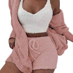 Damen Sexy Flauschig Warm Sherpa Fleece 3-teiliges Outfit Fleece Mantel Jacke Outwear und Spaghettiträger Crop Top Shorts Set - Grau - Groß von VNVNE