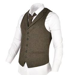 VOBOOM Herren Herringbone Tailored Kragen Weste Verteidiger Wolle Tweed Anzug Weste Mittel Khaki von VOBOOM