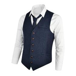VOBOOM Herren Slim Fit Fischgräten-Tweed Anzüge Weste Premium Wollmischung Weste - Blau - Large von VOBOOM