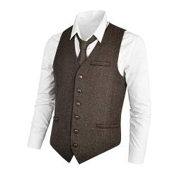 VOBOOM Herren-Tweed-Anzug-Weste, schmaler Schnitt, Fischgrätenmuster, aus qualitativ hochwertiger Wollmischung. - Braun - L von VOBOOM