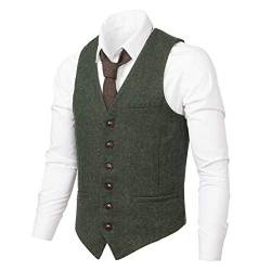 VOBOOM Herren Slim Fit Fischgräten-Tweed Anzüge Weste Premium Wollmischung Weste - Grün - Small von VOBOOM