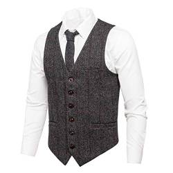 VOBOOM Herren Slim Fit Fischgräten-Tweed Anzüge Weste Premium Wollmischung Weste - Rot - Medium von VOBOOM