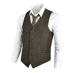 VOBOOM Herren Slim Fit Fischgräten-Tweed Anzugweste Premium Wollmischung Weste, Khaki gestreift, X-Large von VOBOOM