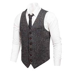 VOBOOM Herren Slim Fit Herringbone Tweed Anzüge Weste Premium Wollmischung Weste, Grau meliert, Small von VOBOOM